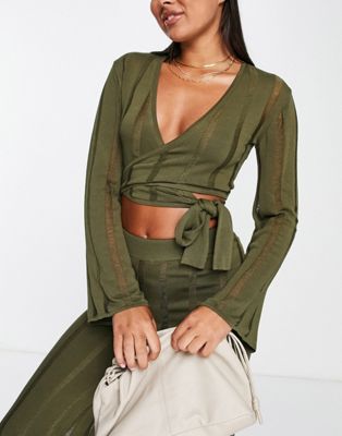 4th & Reckless Lorita ladder detail knit wrap top in khaki - part of a set  4TH & RECKLESS