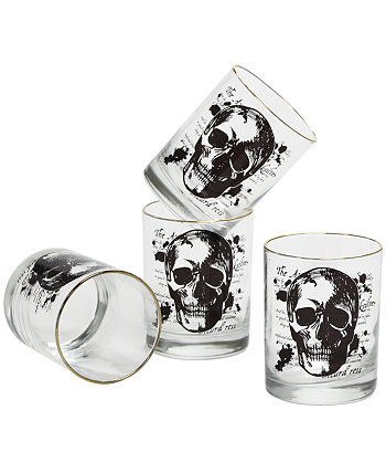 14-Ounce 22 Carat Gold-Tone Rim DOF (Double Old Fashioned) Glass Set of 4 - Spooky Skull Culver