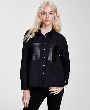 Женская рубашка из искусственной кожи с карманами и высоким вырезом DKNY