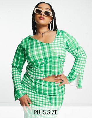 Only Curve exclusive asymmetric cropped top with flared sleeves in green gingham - part of a set Only Curve