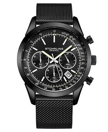 Мужские кварцевые часы с хронографом и датой, черные, с сетчатым браслетом из нержавеющей стали, 44 мм Stuhrling