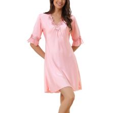 Womens Satin Pajama Dress Lace V Neck 3/4 Sleeve Lingerie Silky Sleepwear Lounge Nightgowns Cheibear