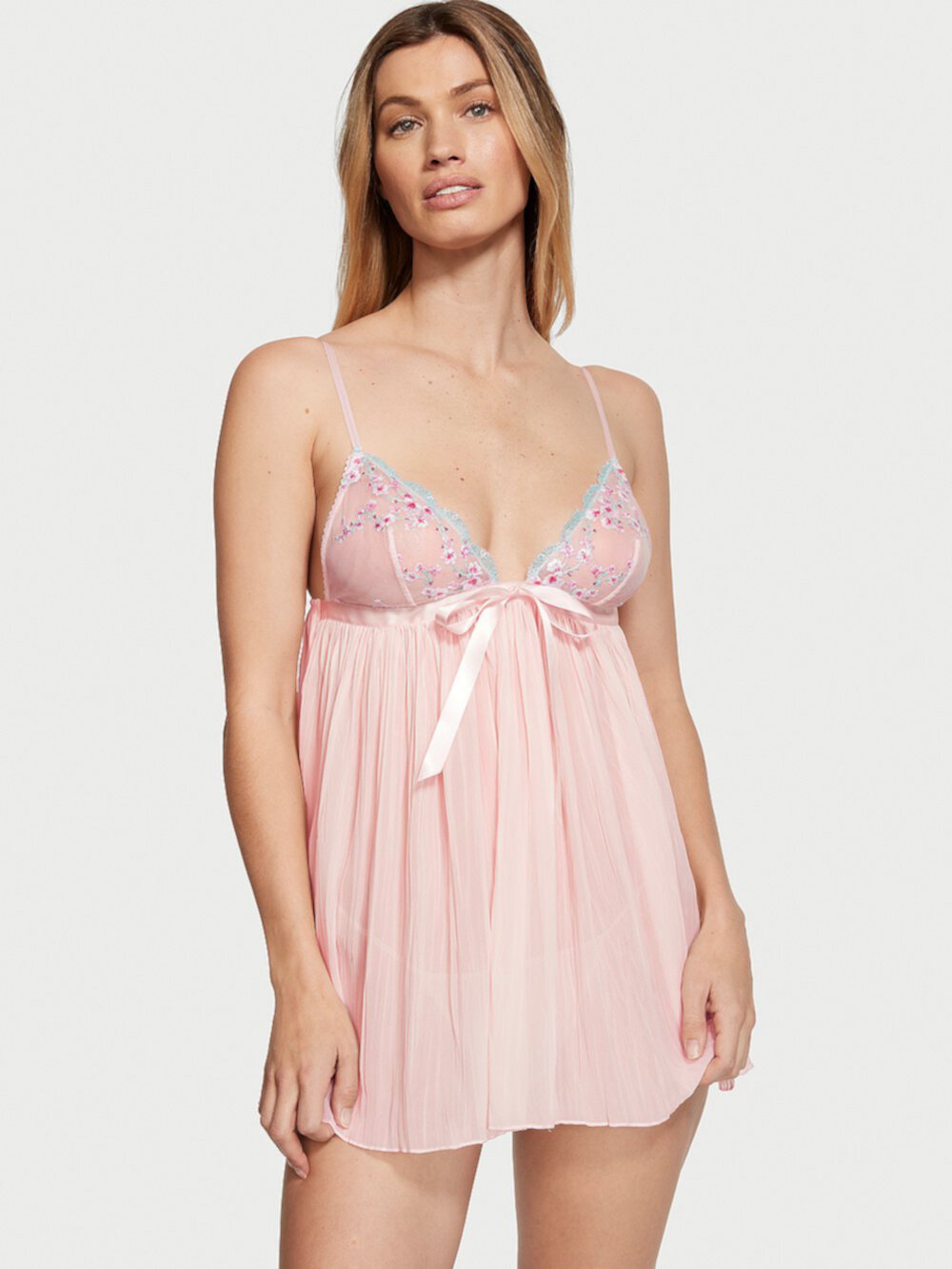 Cherry Blossom Embroidery Pleated Babydoll Set Very Sexy