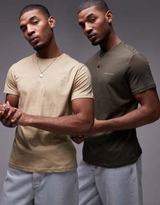 Tommy Jeans 2-pack linear logo T-shirts in khaki and beige Tommy Jeans