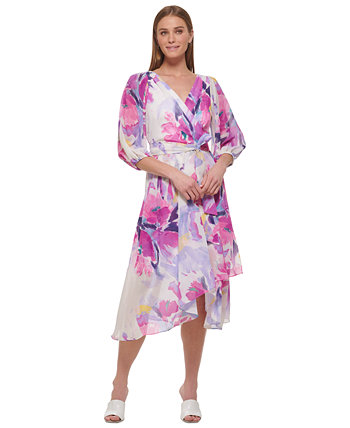 Женское платье с цветочным принтом и пышными рукавами и завязками на талии с v-образным вырезом DKNY