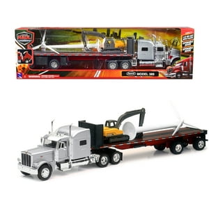 Peterbilt 389 Truck with Flatbed Trailer Silver Metallic with Excavator and Wind Turbine 1/32 Diecast Model by New Ray New Ray Toys