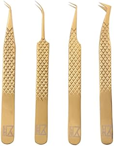 M LASH Tweezers for Eyelash Extensions (Set of 4) - Professional Lash Extension Tweezers - Fiber Tip, Japanese Steel, Diamond Grip Eyelash Extension Tweezer (Ombre) M