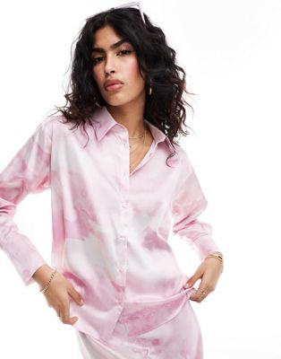 Style Cheat satin oversized shirt in prink smudge print - part of a set Style Cheat