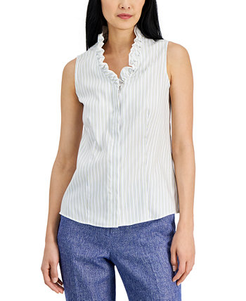 Женская хлопковая блузка без рукавов в полоску с оборками на шее Anne Klein