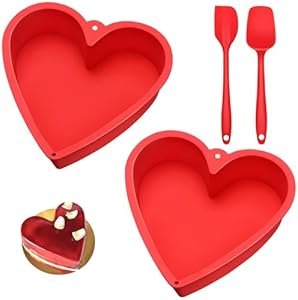 2 PCS 10 Inch Silicone Heart Shaped Cake Pans for Baking Silicone Spatula and Spoonula Red Heart Cake Molds for Brownie Food Grade Silicone Cake Pans for Easy Clean for Anniversaries Solaradgy