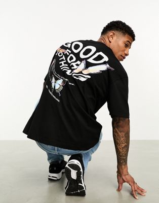 Good For Nothing oversized T-shirt in black with warped butterfly and logo back print Good For Nothing
