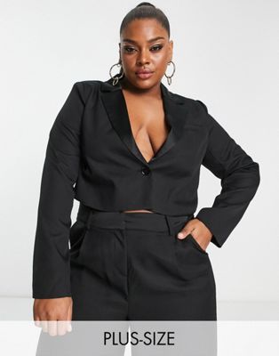 In The Style x Yasmin Devonport Exclusive satin lapel trim cropped blazer in black - part of a set In The Style Plus