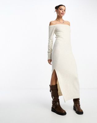 Вязаное платье-свитер средней длины с открытыми плечами из смесовой шерсти Weekday кремового меланжевого цвета эксклюзивно для ASOS Weekday