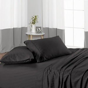 Alaska King Size Bed Sheet Set 4 Piece, 400 Thread Count, 14" Deep Pocket, 100% Egyptian Cotton, Sateen Finish, Extra Soft and Luxury - Dark Grey Stripe. Bedding Begs