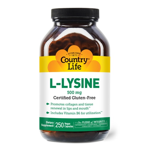 Капсулы с L-лизином Country Life — 500 мг — 250 вегетарианских капсул Country Life