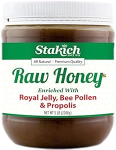 Stakich Royal Jelly, Bee Pollen, Propolis Enriched Raw Honey - Pure, Unprocessed, Unheated - 5 Pound (80 Ounce) Stakich