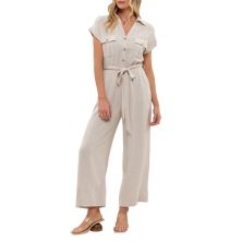 August Sky Women's Flap Pockets Spread Collar Belted Jumpsuit August Sky
