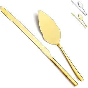 Gold Wedding Cake Knife and Server Set, Stainless Steel Cake Cutting Set for Wedding, Include Cake Cutter and Cake Server for Wedding, Parties, Activities, Family, Dishwasher Safe (Shiny Gold) HOMQUEN