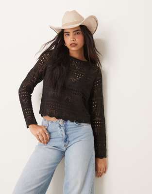 JDY boatneck broderie long sleeve top in black Jdy