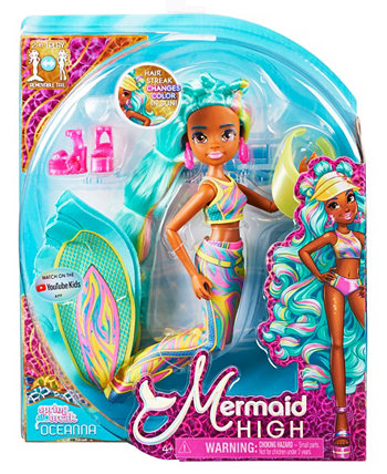 Spring Break Oceanna Mermaid Doll and Accessories with Removable Tail and Color Change Hair Streaks Set, 7 Piece Kids Toys for Girls Ages 4 and Up Mermaid High