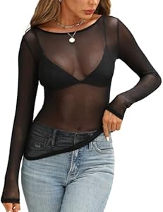 KTILG Womens Lace Long Sleeve Boat Neck Tops Embroidery Sheer Blouse Sexy See Through Shirt Mesh Top S-XXL KTILG