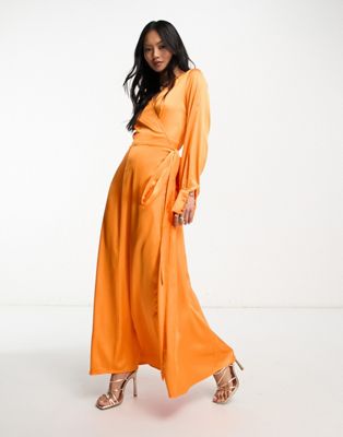 Ярко-оранжевое атласное платье миди с запахом Never Fully Dressed NEVER FULLY DRESSED