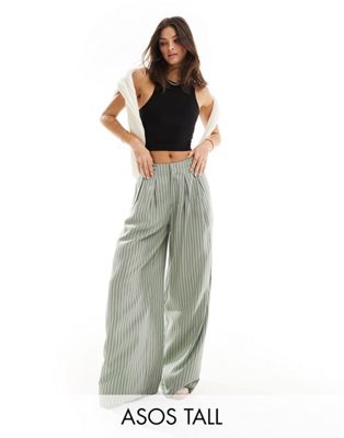 ASOS DESIGN Tall wide leg pants with pleat detail in sage stripe ASOS Tall