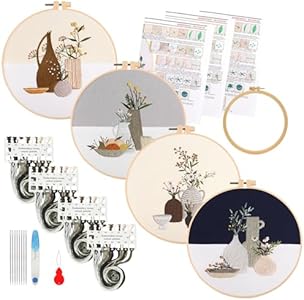 Maydear 4 Sets Embroidery Kit,Embroidery Kit for Beginners Adults, Punch Needle Kit Cross Stitch Kits with Embroidery Hoop and Instructions,Hand Embroidery Starter Kit (vase) Maydear