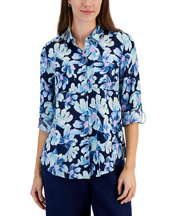 Женская рубашка Morning Bloom из 100% льна с принтом, созданная для Macy's Charter Club