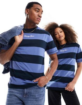 Tommy Jeans Unisex regular bold stripe t-shirt in navy multi Tommy Jeans