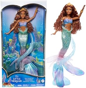 Mattel Disney The Little Mermaid Deluxe Ariel Doll with Iridescent Tail, Hair Jewelry Beads & Doll Stand, Inspired by the Movie Mattel