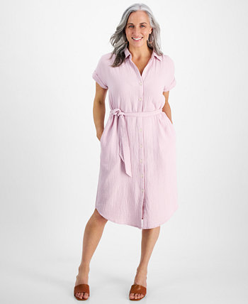 Petite Crinkled Cotton Camp Shirt Dress, Created for Macy's Style & Co