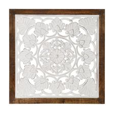 Квадратный белый настенный медальон с квадратным цветочным принтом в американском арт-декоре в состаренной деревянной рамке American Art Décor
