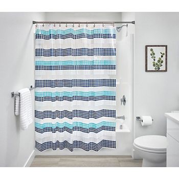 iDesign Zoey Stripe Shower Curtain – 11.02” L x 8.66” W x 0.98” H, Aqua/Navy Bathroom Curtain IDesign