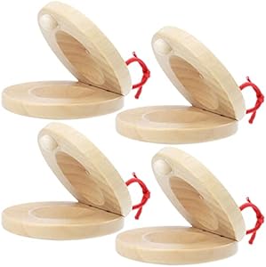 Vaguelly 4 PCS Castanets Wood Percussion Orff Music Instrument Children Adults Fingers Castanets with String Vaguelly