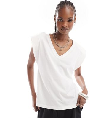 ONLY v neck padded shoulder T-shirt in white  ONLY