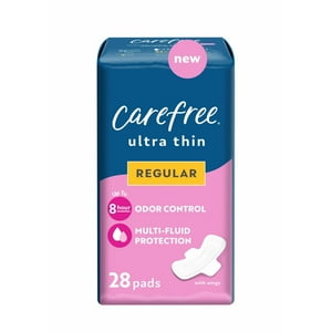 CAREFREE® Ultra Thin Regular Pads With Wings, 28 Count, Multi-Fluid Protection For Up To 8 Hours, With Odor Neutralizer Carefree