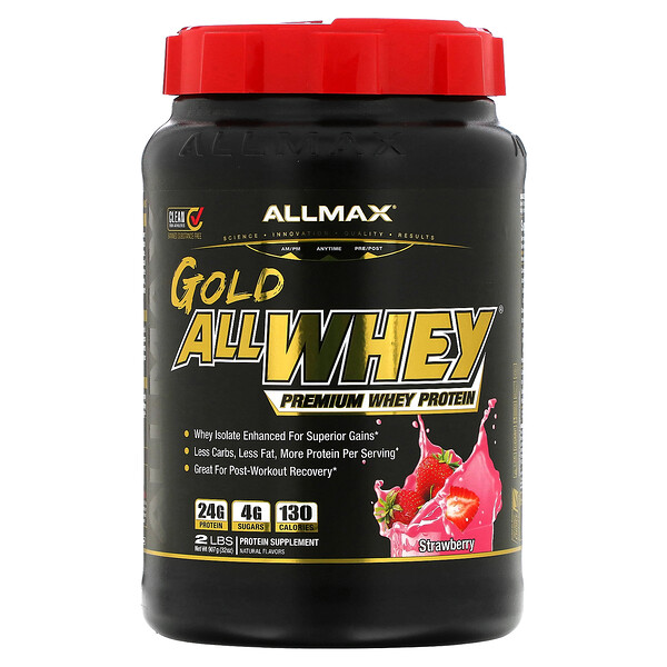 AllWhey Gold, 100% сывороточный протеин премиум-класса, клубника, 2 фунта (907 г) ALLMAX