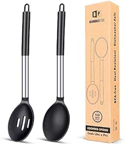 Pack of 2 Large Silicone Cooking Spoons,Non Stick Solid Basting Spoon,Heat-Resistant Kitchen Utensils for Mixing,Serving,Draining,Stirring (BLACK) Bundlepro