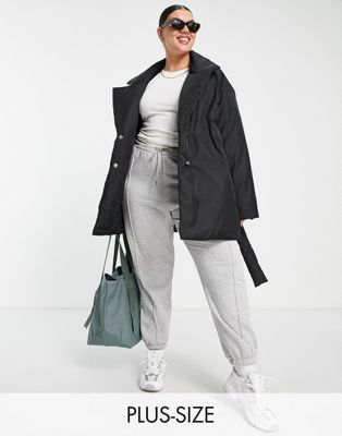 ASOS Weekend Collective Curve clean belted padded coat with logo in black ASOS Weekend Collective