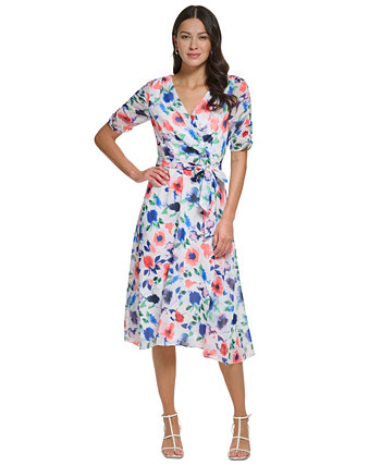 Petite Floral-Print Ruched-Sleeve Fit & Flare Dress DKNY