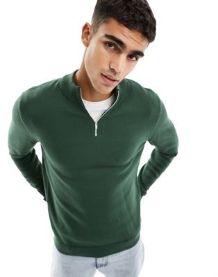 Зеленый хлопковый вязаный свитер средней плотности с молнией 1/4 ASOS DESIGN ASOS DESIGN