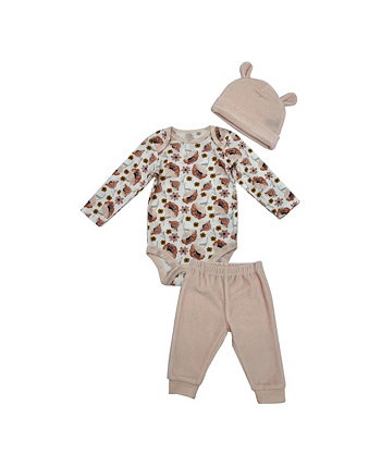 Baby Girls Bodysuit and Joggers with Matching Hat, 3-Piece Set Chickpea
