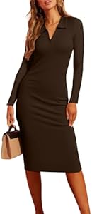 Valiamcep Women's Dress Long Sleeve V Neck Collared Ribbed Knit Bodycon Casual Midi Dresses Valiamcep