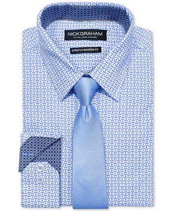 Men's Slim-Fit Performance Stretch Geo-Print Dress Shirt & Slim Tie Set Nick Graham
