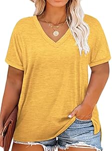 ROSRISS Plus-Size Tops for Women V Neck T Shirts Short Sleeve Side Split Tunics Rosriss