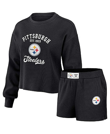 Women's Black Distressed Pittsburgh Steelers Waffle Knit Long Sleeve T-shirt and Shorts Lounge Set WEAR by Erin Andrews