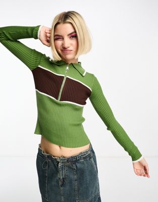Зеленый свитер 90-х годов в рубчик с воротником Daisy Street Daisy Street