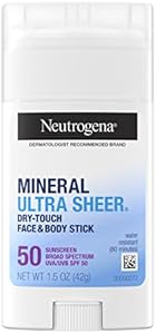 Neutrogena Ultra Sheer Dry Touch SPF 50 Mineral Sunscreen Stick for Sensitive Skin, Face & Body Sunscreen with Zinc Oxide & Vitamin E, No White Residue, Non-Comedogenic & Vegan, 1.5 oz Neutrogena