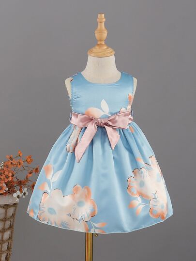 для детей Вечернее платье с цветочным принтом и поясом SHEIN